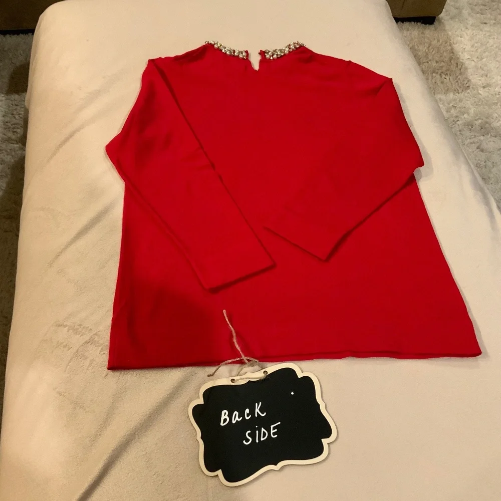 Ann Taylor Red M Sweater Pearl Rhinestone Neckline Holiday Party Date